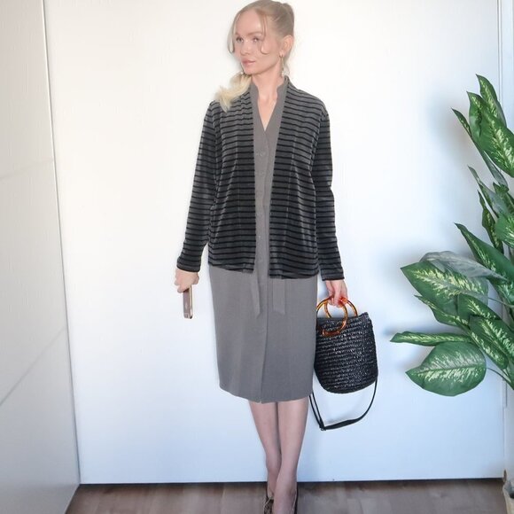 Talbots Grey & Black Striped Open Front Velvet Cardigan - Picture 3 of 16